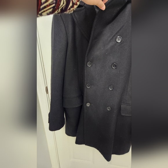 Banana Republic Wool Peacoat Jacket Mens Large Black Plaid Double Breasted - Picture 3 of 15